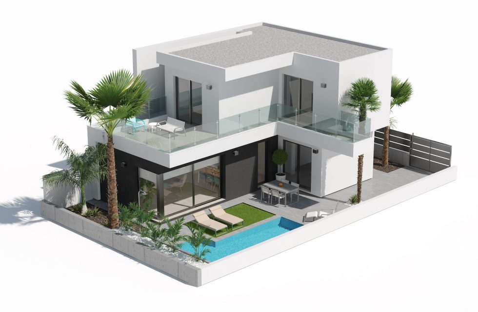 The full view of the new build luxury property for sale in San Javier Roda Golf Spain