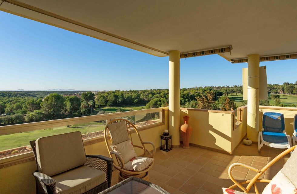 The golf view inside the balcony area of the property for sale in Lomas de Campoamor Orihuela Costa